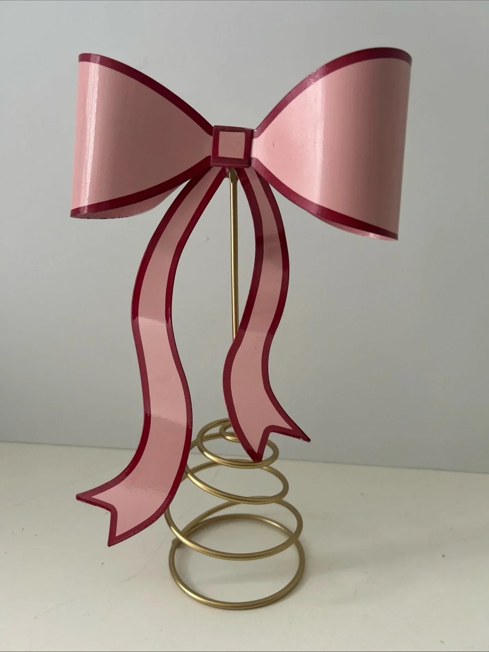 Pink Ribbon Bow Christmas Valentine’s Day Tree Topper Decor with Gold Base